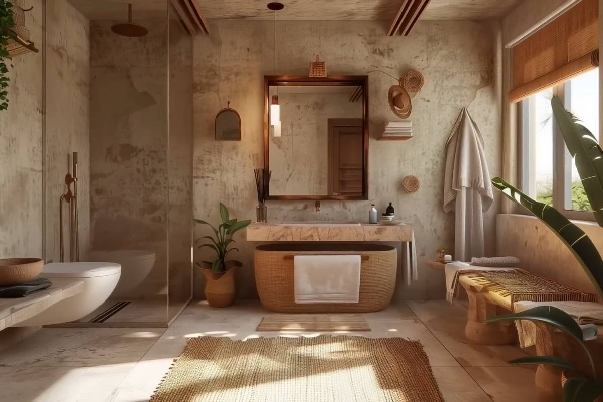 Boho kupatilo sa prirodnim materijalima i minimalističkim detaljima