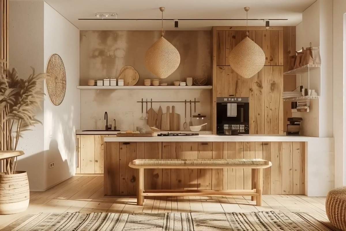 Boho enterijer sa izdvojenim kutkom za opuštanje i prirodnim materijalima