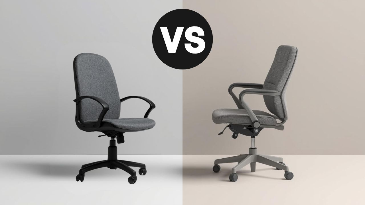 Uporedni prikaz obične kancelarijske stolice i ergonomske stolice, sa vidljivim razlikama u naslonu, rukonaslonima i podršci za leđa.