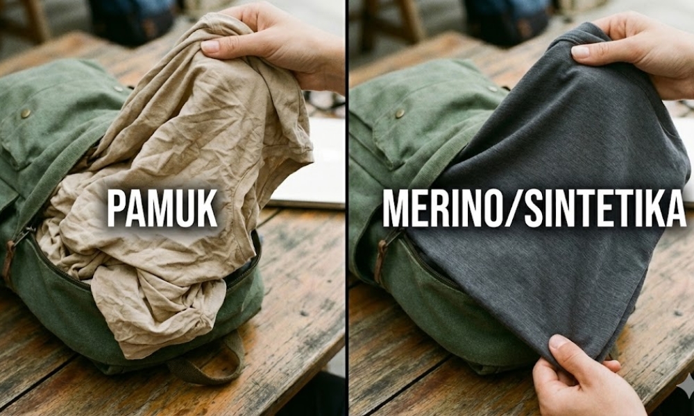 Pamuk je prijatan i prozračan ali se lako gužva i sporije suši, dok je sintetika izdržljivija i praktičnija za putovanja.