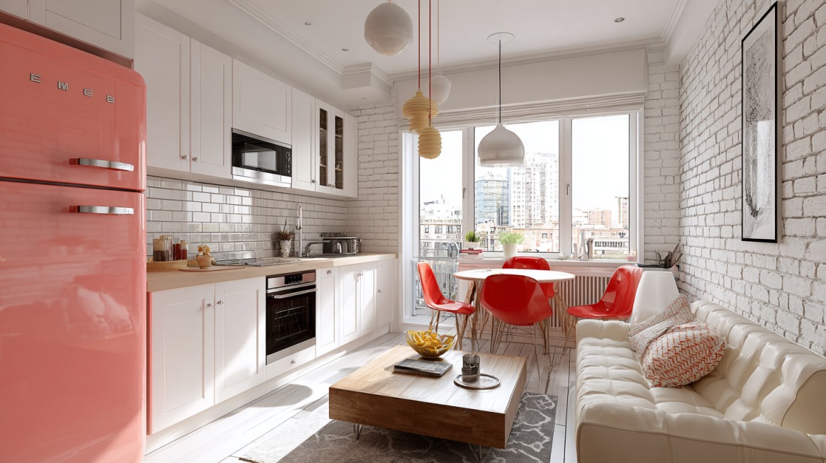 Svetla kuhinja u garsonjeri sa belim elementima, roze frižiderom i trpezarijskim stolom pored prozora