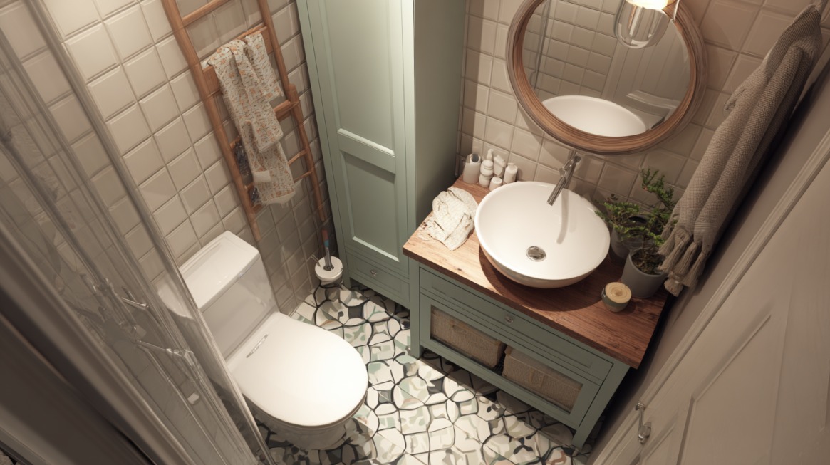 Malo kupatilo sa WC šoljom, ormarićem ispod lavaboa, visokom vertikalnom komodom i okruglim ogledalom