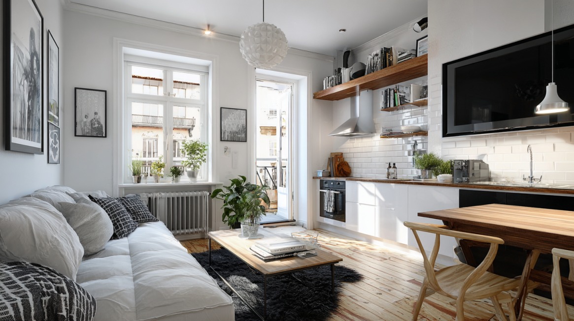 Mali stan sa sofom, trpezarijskim stolom i kuhinjom u jednom otvorenom prostoru