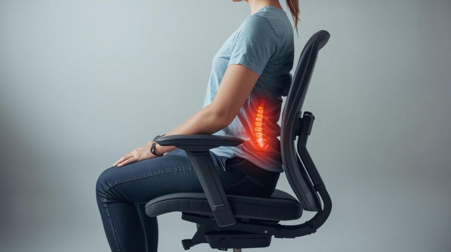 Osoba sedi na ergonomskoj stolici sa pravilno podešenom lumbalnom podrškom koja prati prirodan položaj donjeg dela leđa.