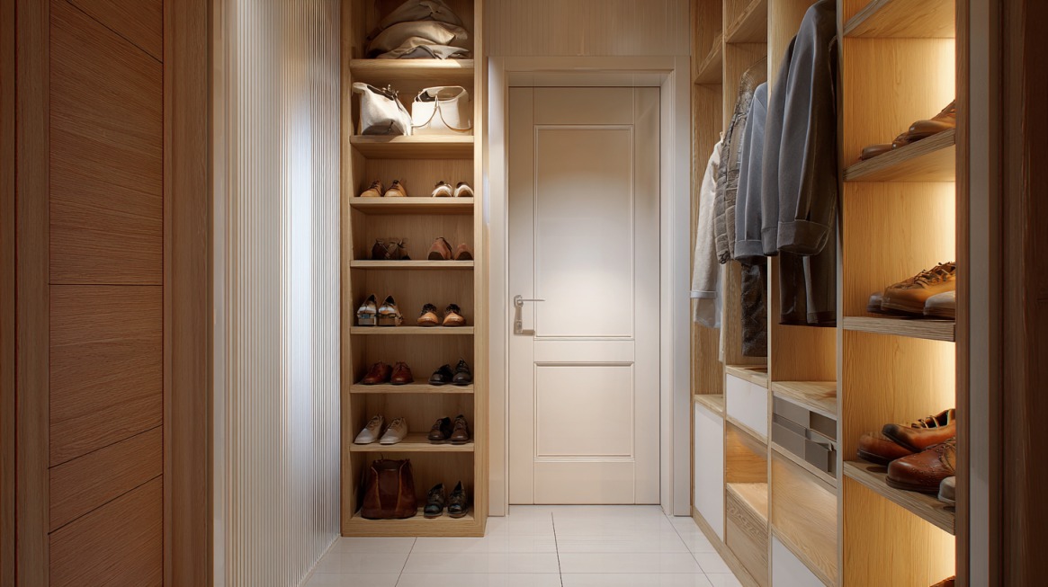 Uski hodnik pretvoren u mini garderober sa policama za cipele i odeću od poda do plafona
