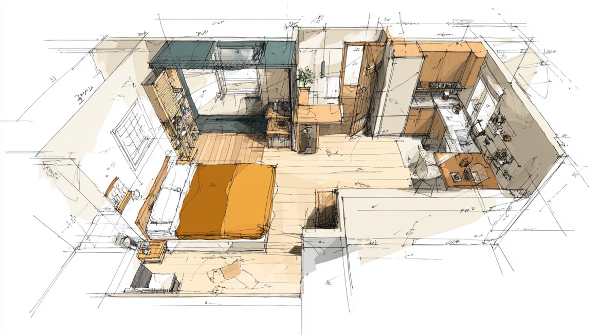 Skica rasporeda malog stana sa jasno definisanim zonama za spavanje, kuvanje i kretanje