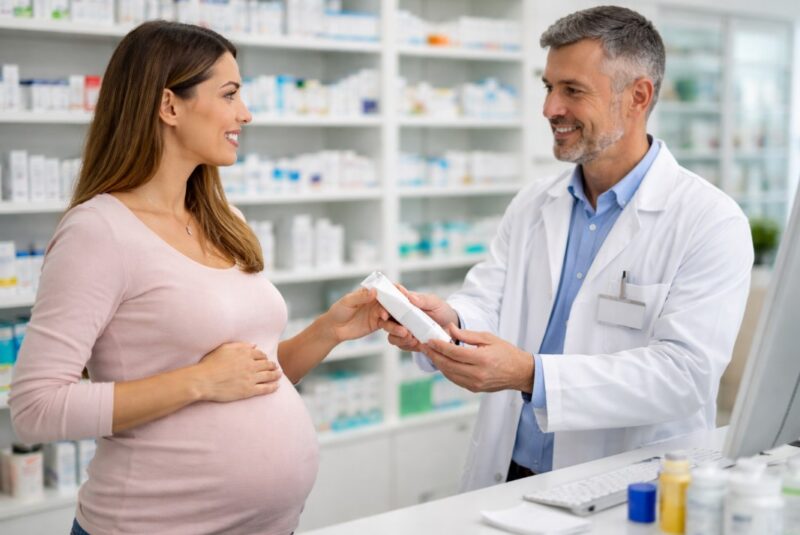 Apotekar pomaže trudnici pri izboru bezbednog preparata u apoteci