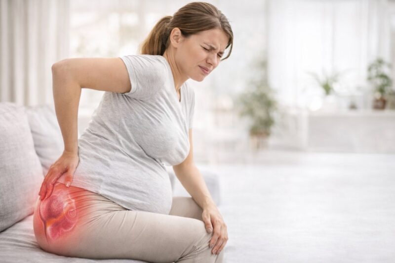 Trudnica u trećem trimestru sedi i oseća bol zbog hemoroida