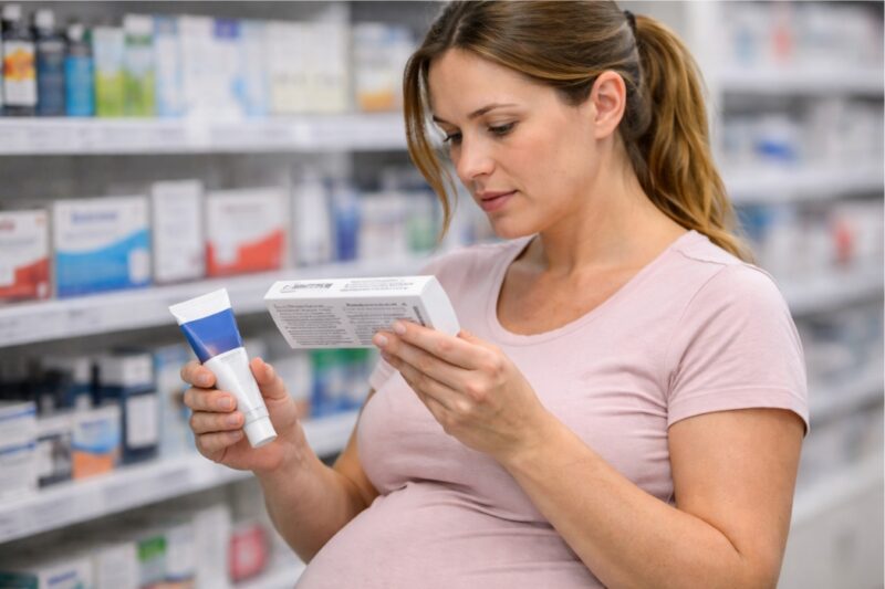 Trudnica u apoteci proverava sastav gela za hemoroide pre kupovine
