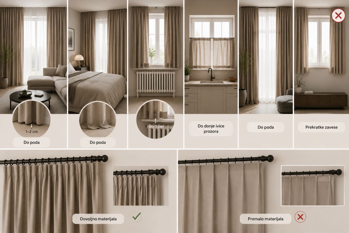 Infografik o pravilnoj dužini i proporcijama zavesa, sa primerima zavesa do poda, kratkih zavesa, dovoljne količine materijala i grešaka koje treba izbegavati