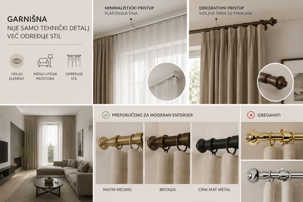 Infografik o izboru garnišni za zavese, sa prikazom plafonske šine, dekorativne šipke i preporučenih završnih obrada poput mat mesinga, bronze i crnog mat metala