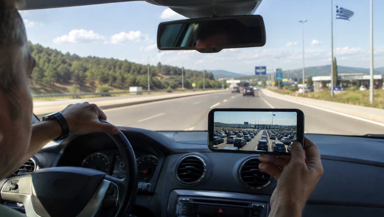 Čovek u automobilu ide ka graničnom prelazu i proverava na mobilnom na kamerama kolika je gužva