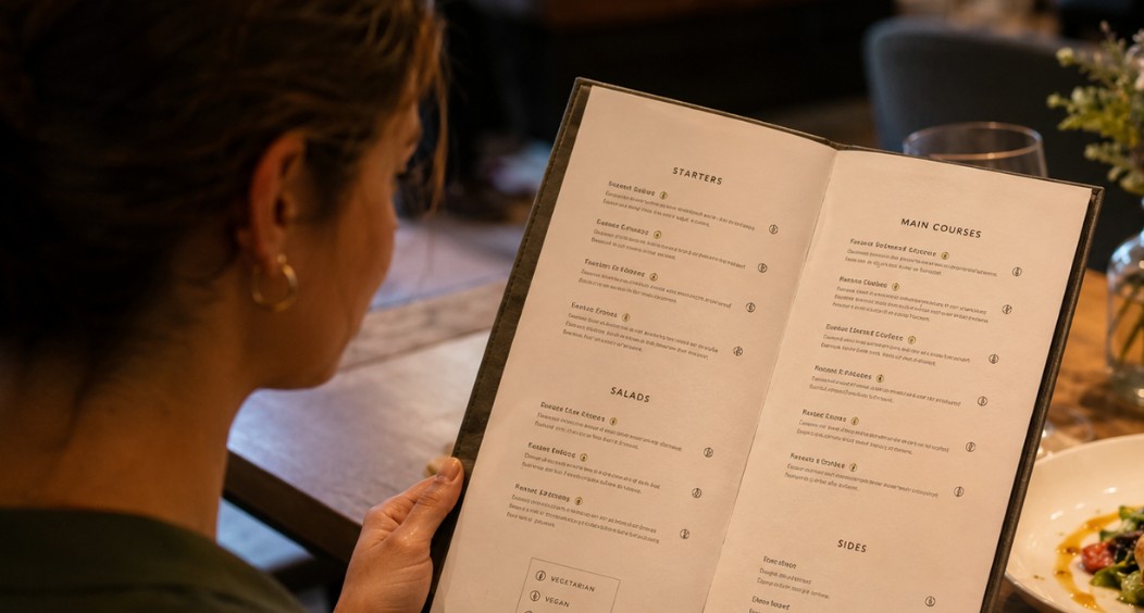 Gost drži otvoren jelovnik za stolom u restoranu, dok se pored nalazi servirano jelo i čaša vina