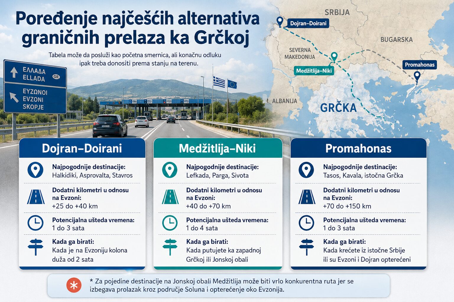 Infografik prikazuje poređenje najčešćih alternativa graničnih prelaza ka Grčkoj